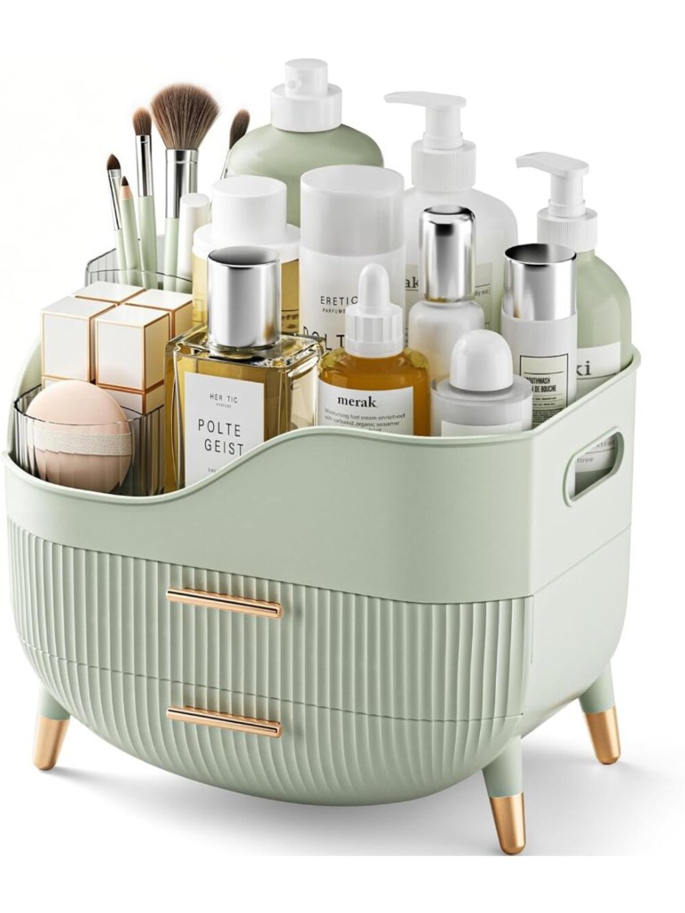Large Green Makeup Organizer with Drawers - Skincare Storage Box for Vanity